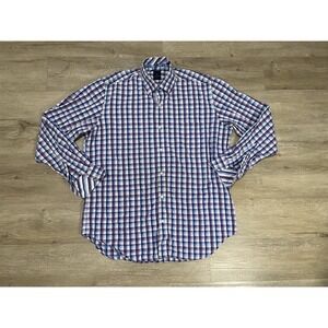 TailorByrd Mens Size L Button Up Shirt Purple Blue White Gingham Plaid Dress